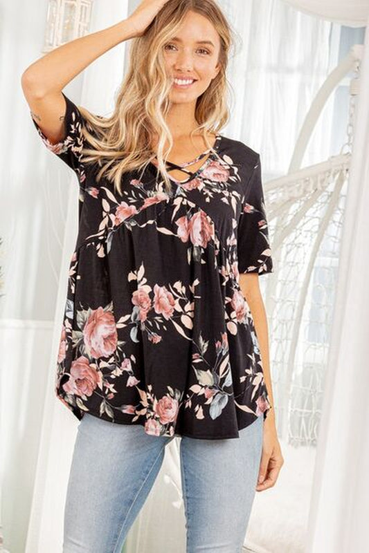 Heimish Full Size Crisscross Neck Floral Babydoll Top plus Size